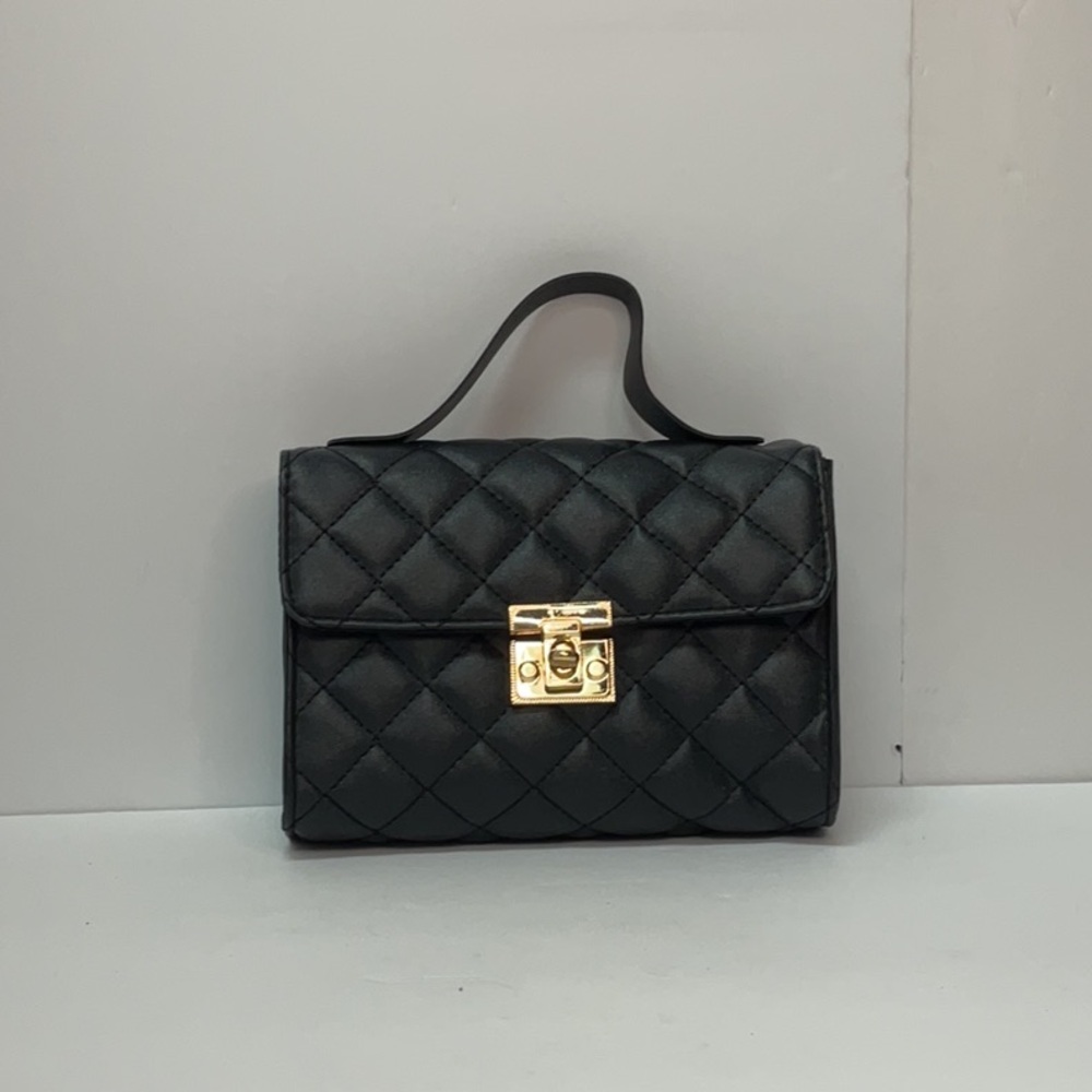 Black and Gold Mini Quilted Bag with Top Handle